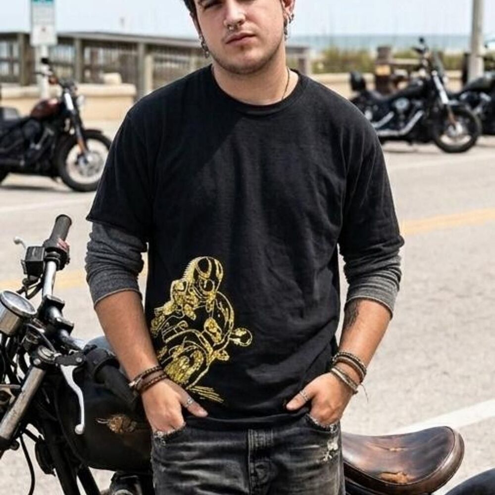Black & yellow motorcycle layered long sleeve graphic t-shirt